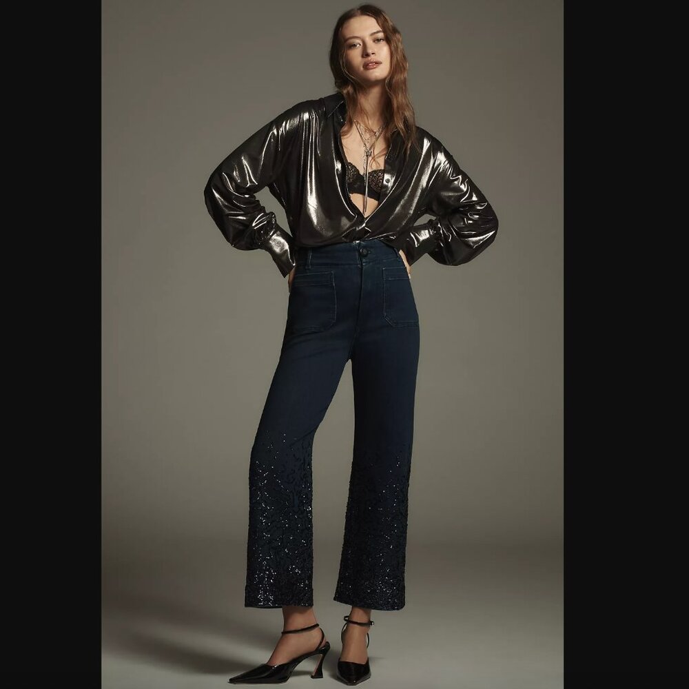 ANTHROPOLOGIE Cropped High-Rise Wide-Leg Jeans by Maeve: Sequin Sparkle Edition